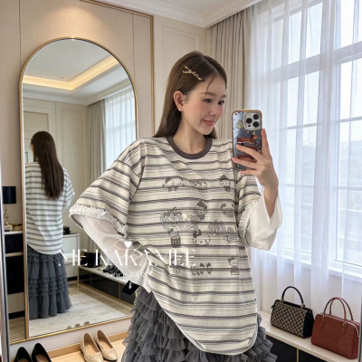 ME KAKAMEE-春新品拼接网纱假两件设计KT条纹长袖T恤9180