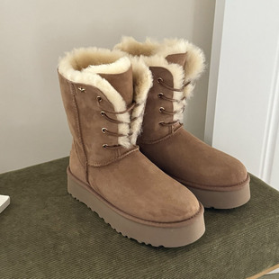 桑坡厚底女神星星靴甜酷休闲风中筒羊皮毛一体骑士靴冬季 保暖两穿