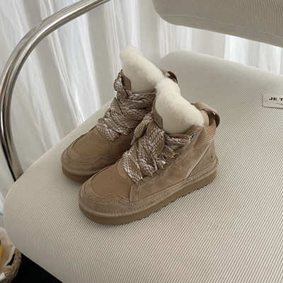 梅尔雪地靴女高帮羊皮毛一体U家冬季保暖休闲板鞋系带百搭女靴子