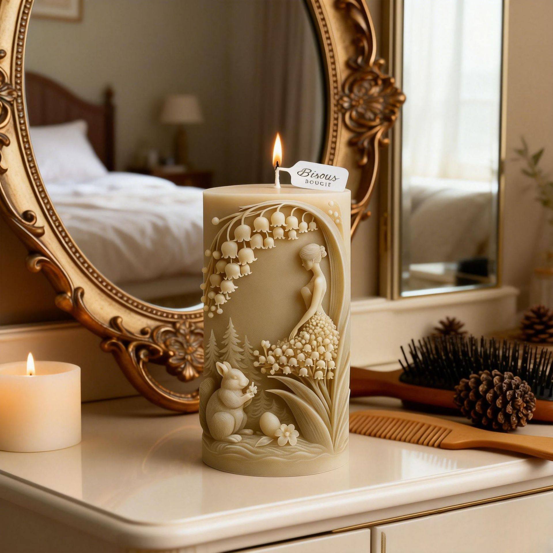 复铃兰少女浮雕圆柱子香薰蜡烛硅胶模具 创意diy蜡烛扩香石膏磨具