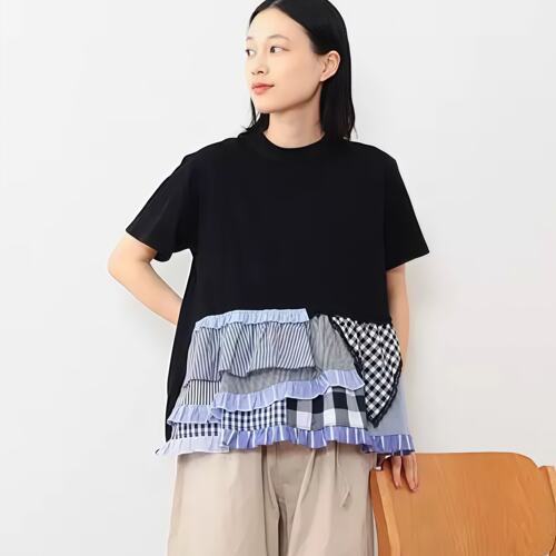 日系Y单be*ams短袖T恤女2026新款下摆撞色格子拼接圆领百搭上衣女