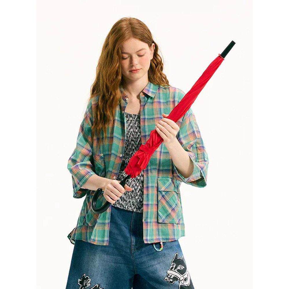 niko家2026新款日系衬衫女春季复古通勤五分袖口袋设计格纹上衣女