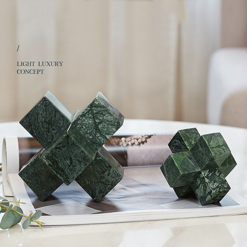 绿色积木北欧白色大理石十字架摆件简约现代书房镇纸美间软装饰品
