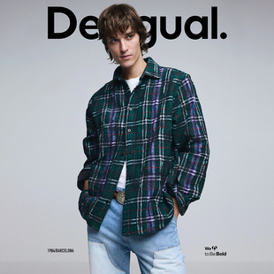 Desigual26春夏新品新款绿色格纹加厚磨毛面料男式衬衫外套
