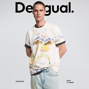 Desigual26秋冬新品宽松手绘涡纹涂鸦花卉印花圆领短袖男式T恤