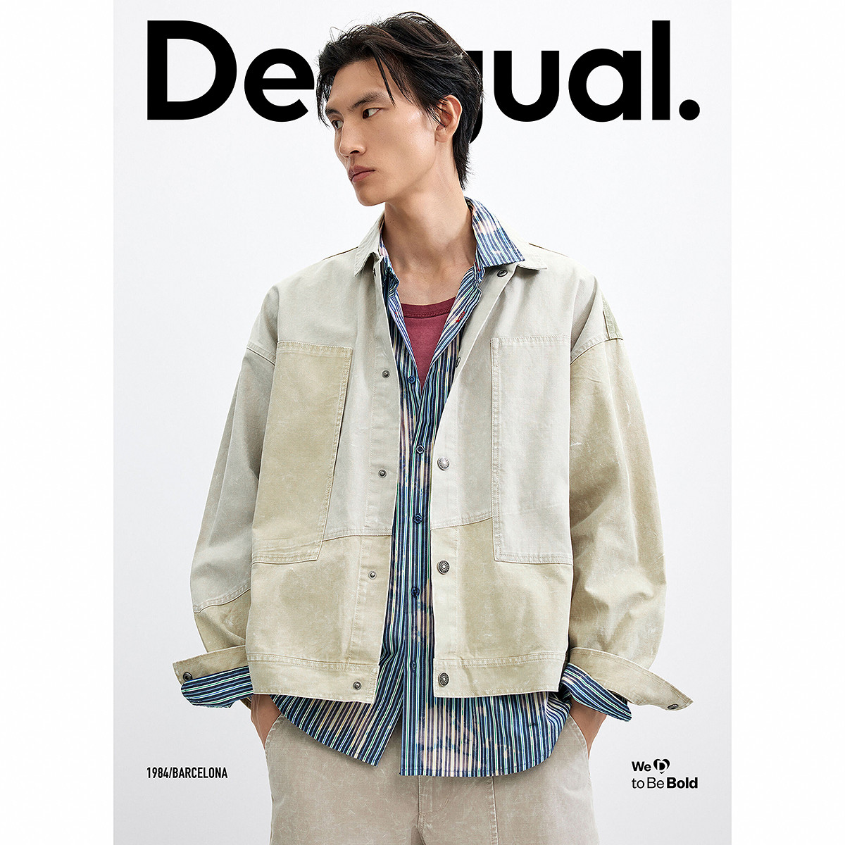 Desigual【明星同款】26秋冬新做旧水洗拼色工装夹克宽松男式外套