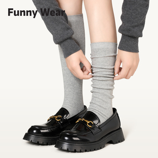小皮鞋 配乐福鞋 JK灰色袜子 小腿袜女显瘦中筒棉袜秋季 堆堆袜春秋季
