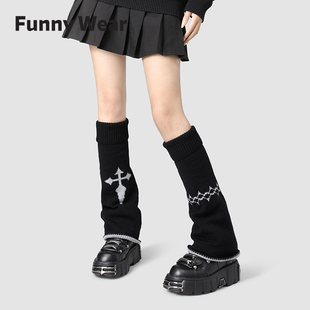 黑色针织袜套正反两穿y2k腿套亚文化不对称袜子日系阔腿小腿袜jk
