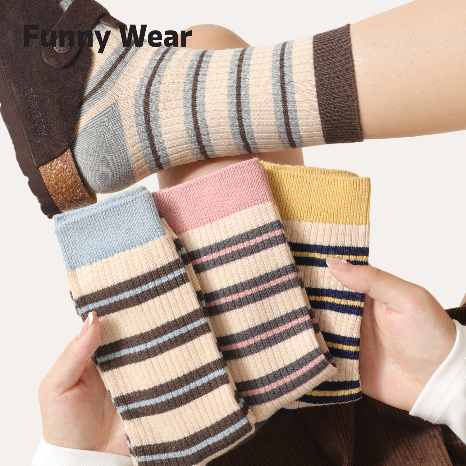 蓝咖条纹袜子女中筒袜撞色棉袜