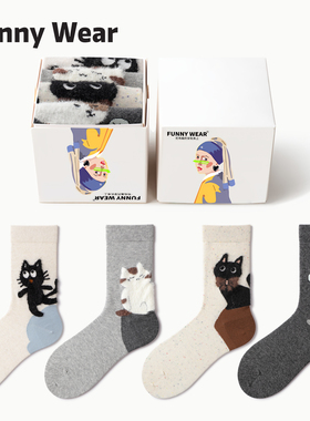 袜子女款秋冬卡通中筒袜可爱小猫棉袜冬季保暖无骨袜配雪地靴长袜