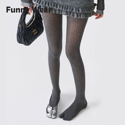 灰色分趾打底裤miu系女秋冬竖条纹显瘦配分趾鞋袜子二趾连裤袜棉