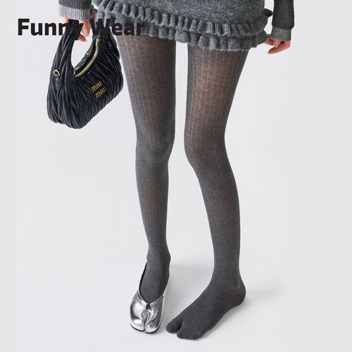 灰色分趾打底裤miu系女秋冬竖条纹显瘦配分趾鞋袜子二趾连裤袜棉