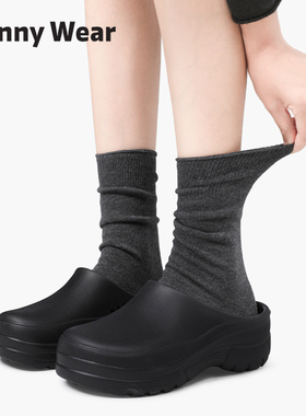 袜子女款秋冬堆堆袜卷边中筒袜透气秋冬黑灰色纯色棉袜搭配小皮鞋