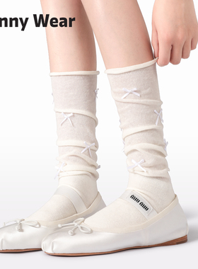蝴蝶结袜子女秋冬薄款白色堆堆袜miu系芭蕾风无骨中筒袜配小皮鞋