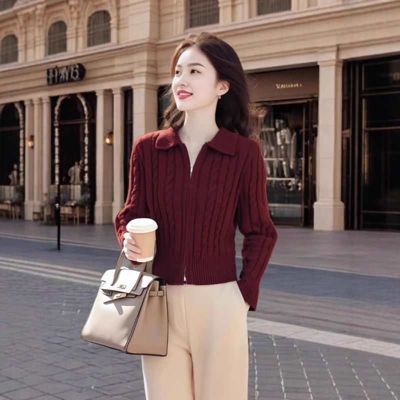 高端红色复古针织拉链开衫外套秋冬翻领慵懒风麻花显瘦超好看上衣