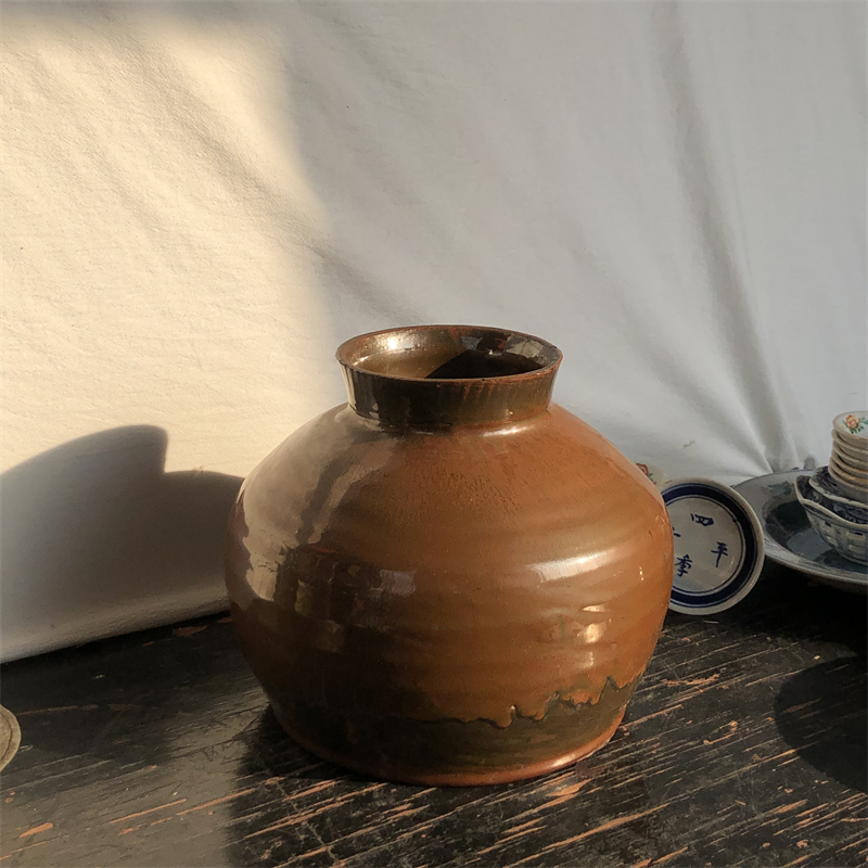 孤品紫金釉鱼篓罐厚重圆润器型优美侘寂风老陶罐复古花瓶插花花器