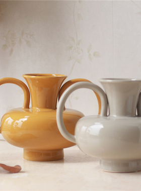 复古希腊橙色灰色双耳ins风网红客厅鲜花插花花器陶瓷装饰品软装