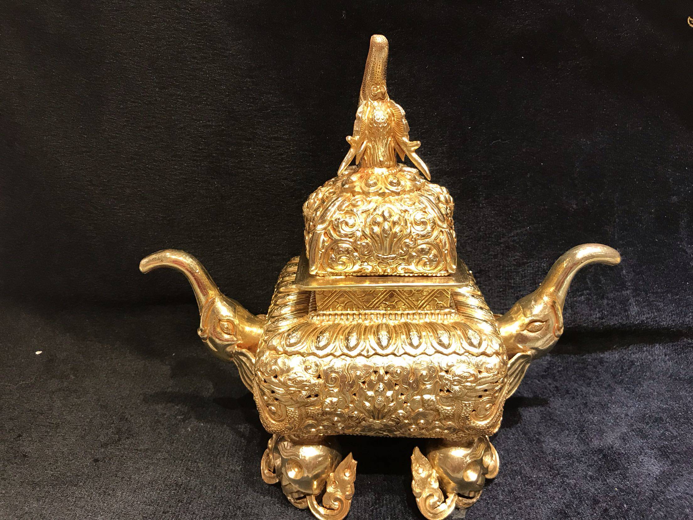 尼泊尔手工紫铜鎏金香炉 盘香炉 供香炉 佛堂香炉