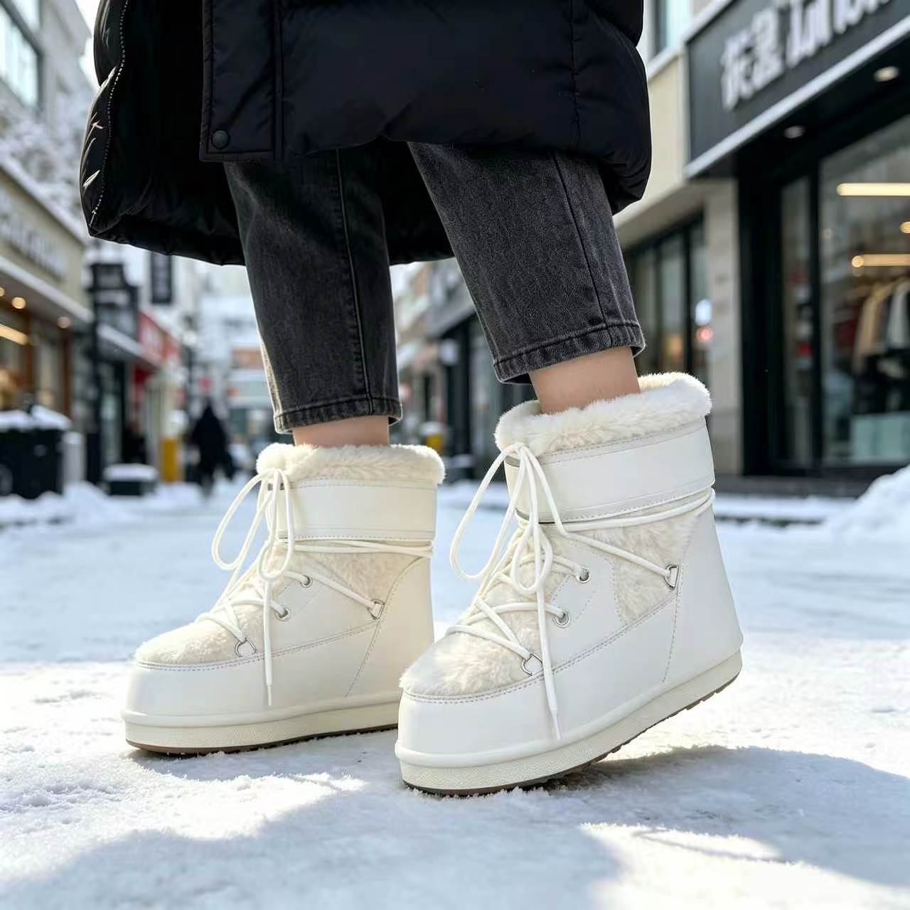 网红毛毛月亮靴女2026冬季时尚厚底滑雪地靴中短筒保暖东北棉靴