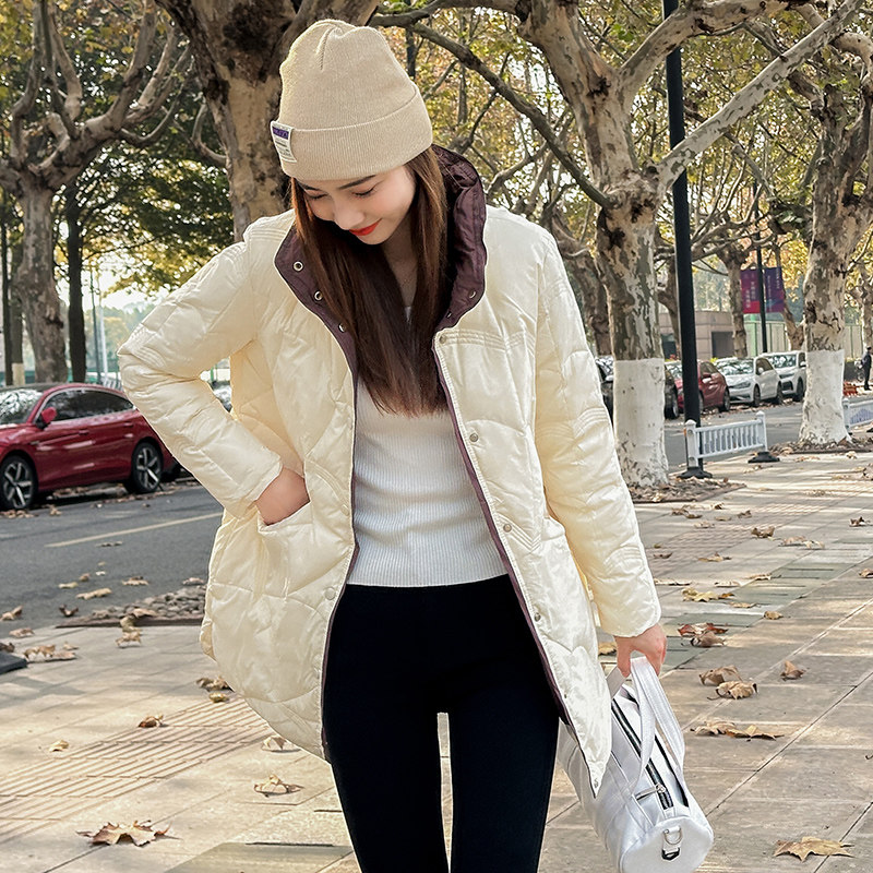 2023年新款羽绒服女中长款轻薄立领宽松白鸭绒秋冬轻便加厚外套潮