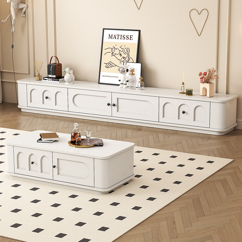 法式奶油风电视柜茶几组合实木软包白色客厅家用落地2025新款地柜