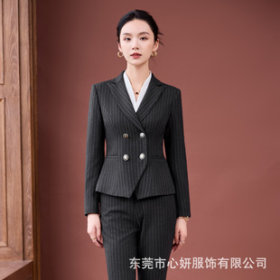 双排扣条纹高级感女秋冬大学生两件套职场正装酒店经理西装营业厅