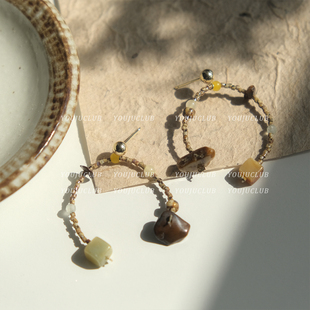 YOUJUclub-山外小楼~复古棕色串珠天然石名族风耳环蚊香盘耳夹女