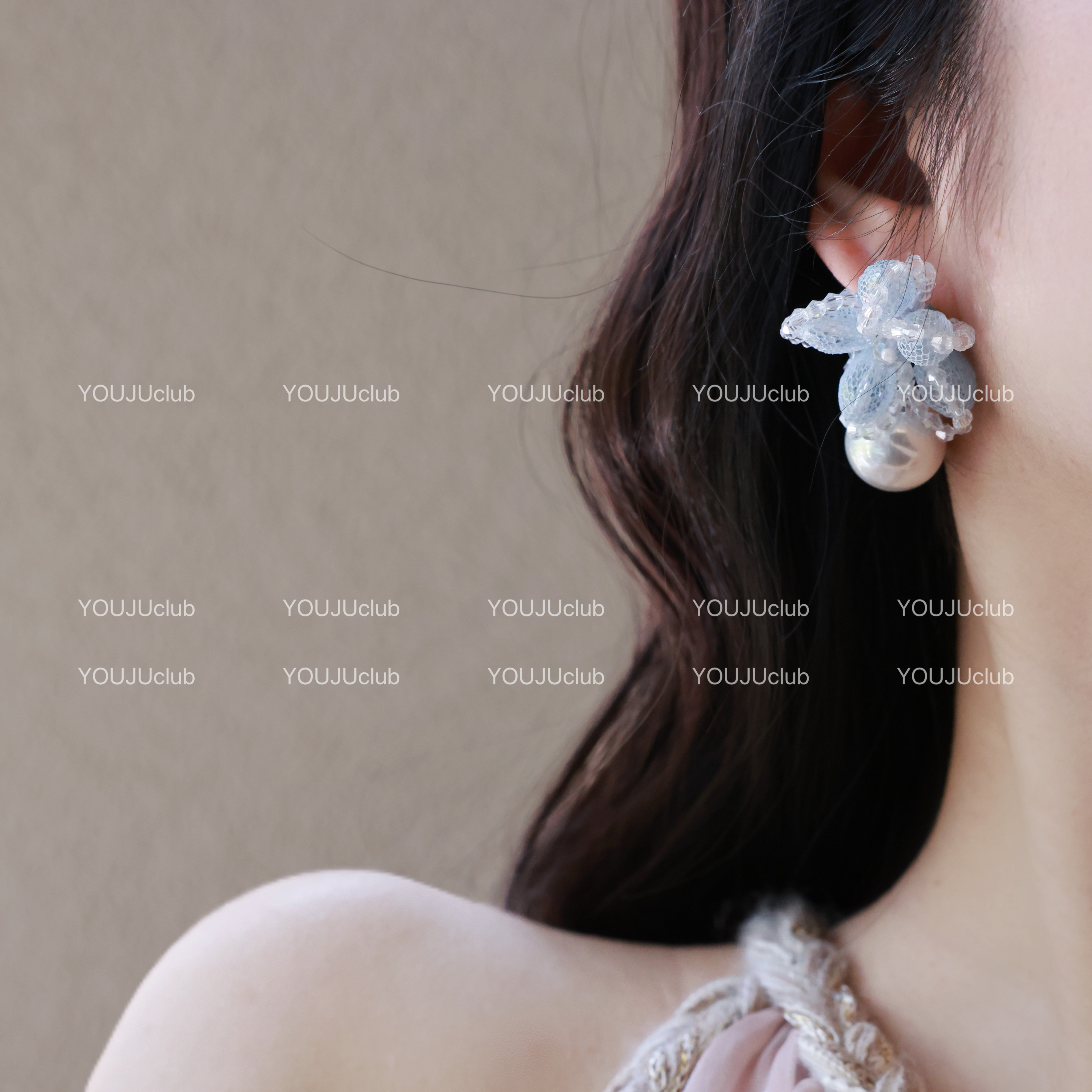 YOUJUclub-长夏栀花~轻奢蓝色水晶花朵珍珠甜美耳环蚊香盘耳夹女,饰品/流行首饰/时尚饰品新,耳环,淘宝优惠券,粉丝福利购,淘宝优惠卷