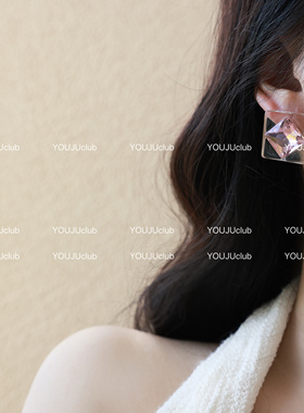 YOUJUclub-几何方块~韩国ins风透明方形紫色粉色耳环蚊香盘耳夹女