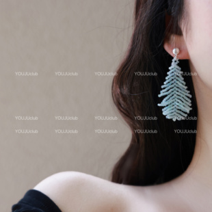 YOUJUclub-羽翼~编织羽毛串珠长款高级感黄色蓝色耳环蚊香盘耳夹