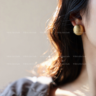 YOUJUclub-半圆磨砂~哑光复古拉丝金色圆形高级感老钱风耳环耳夹