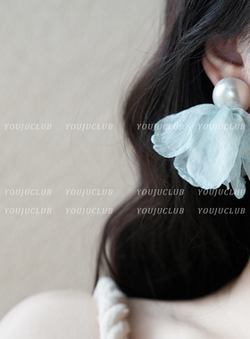YOUJUclub-温柔水蓝色~清新超仙雪纺布艺珍珠海边耳环蚊香盘耳夹