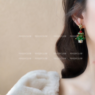 YOUJUclub 水晶串珠圣诞节星星氛围感耳环蚊香盘耳夹 甜甜圣诞树