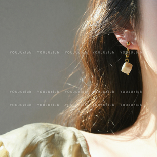 邮橘-苏溪亭～新中式古风天然石方形名族风复古耳环蚊香盘耳夹女