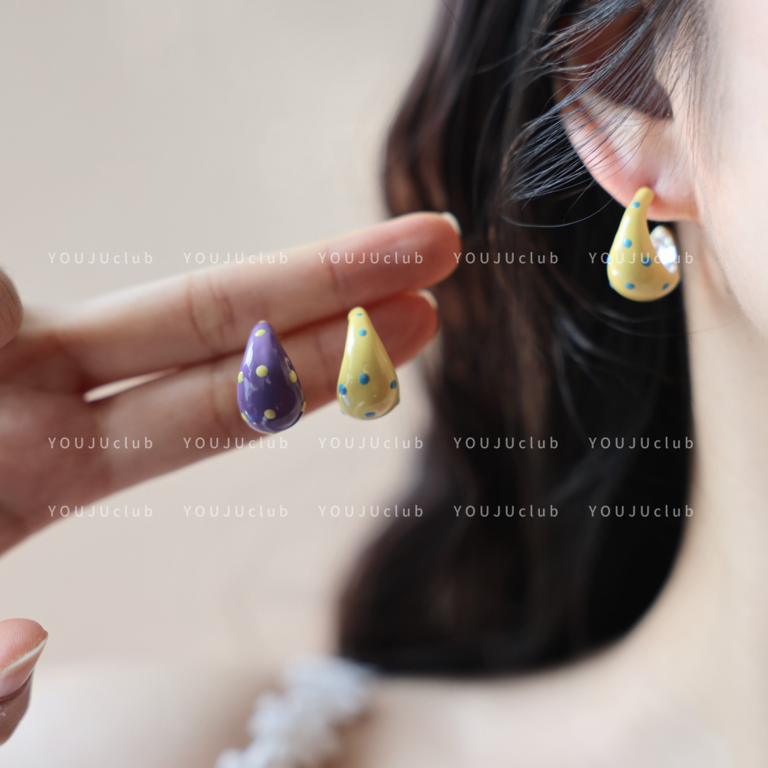YOUJUclub-美露甜丝～复古撞色黄色波点滴釉甜妹耳环蚊香盘耳夹女,饰品/流行首饰/时尚饰品新,耳环,淘宝优惠券,粉丝福利购,淘宝优惠卷