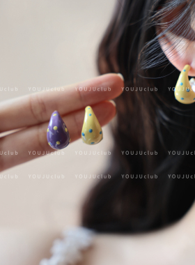 YOUJUclub-美露甜丝～复古撞色黄色波点滴釉甜妹耳环蚊香盘耳夹女