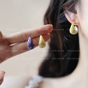 YOUJUclub-美露甜丝～复古撞色黄色波点滴釉甜妹耳环蚊香盘耳夹女