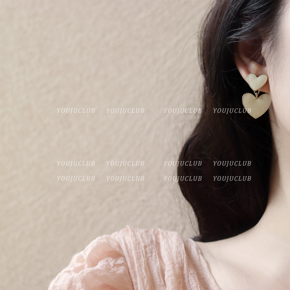 YOUJUclub-双倍心动 奶油米色爱心甜美少女气质小众设计耳环耳夹,饰品/流行首饰/时尚饰品新,耳环,淘宝优惠券,粉丝福利购,淘宝优惠卷