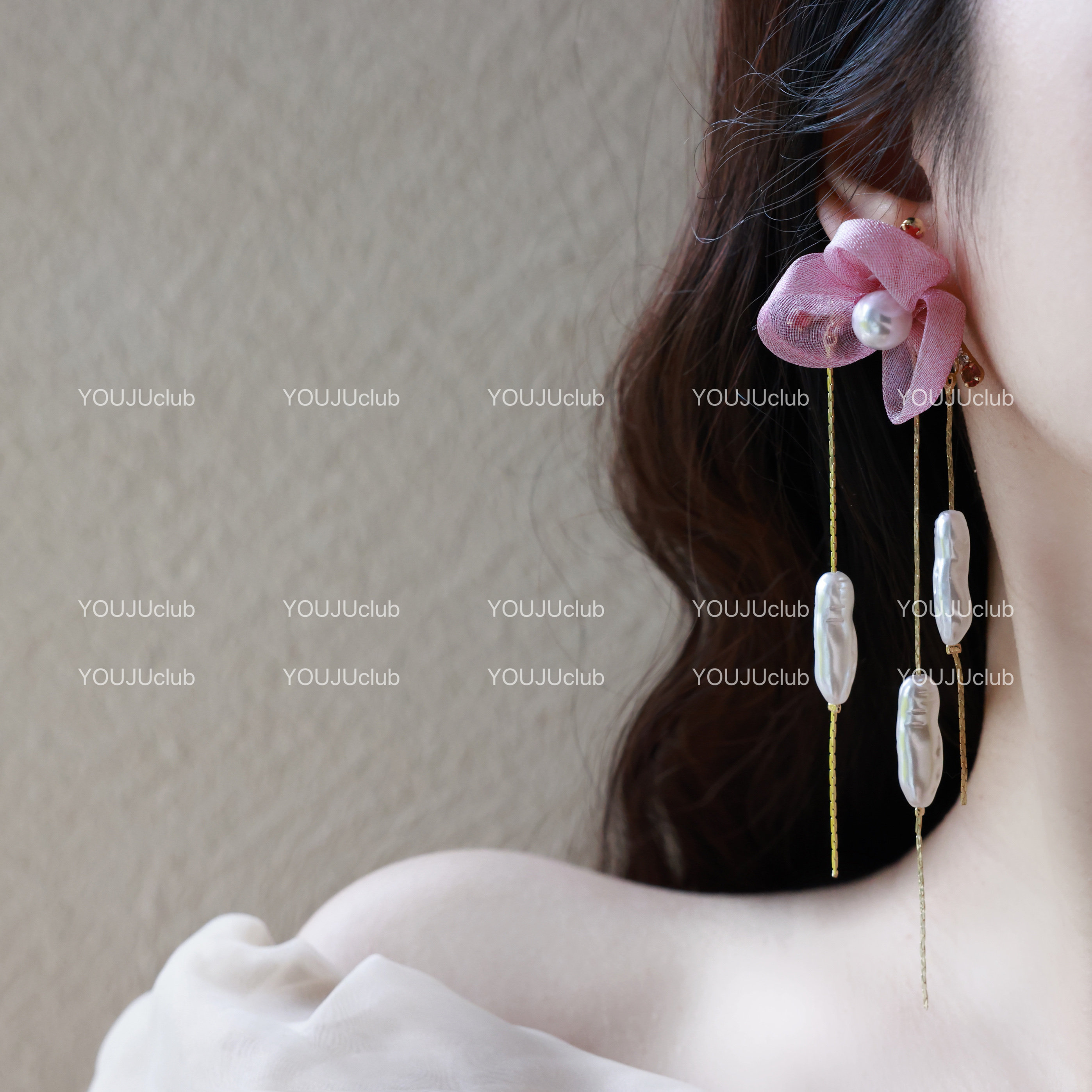 YOUJUclub-紫薇花~甜美仙气玫粉色花朵珍珠流苏长款薄纱耳环耳夹,饰品/流行首饰/时尚饰品新,耳环,淘宝优惠券,粉丝福利购,淘宝优惠卷