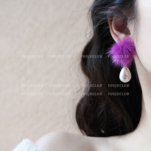 YOUJUclub-大约在冬季~米色水貂毛茸茸温柔风珍珠耳环蚊香盘耳夹