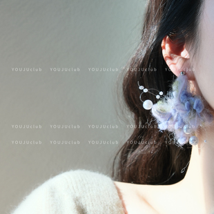 邮橘-蓝莓毛绒花~甜美紫色毛线花朵珍珠秋冬毛绒耳环蚊香盘耳夹