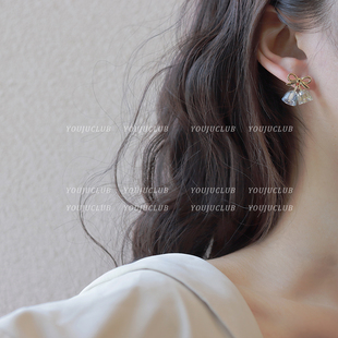 邮橘 清新简约淡蓝色铃铛可爱少女心蝴蝶结耳环耳夹 治愈蓝风铃