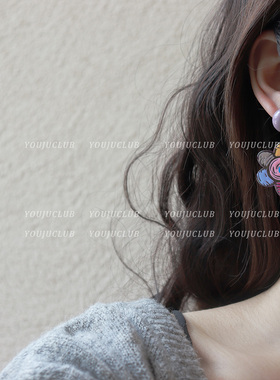 YOUJUclub-紫色涂鸦花朵耳环少女心可爱夏季花卉耳钉蚊香盘耳夹