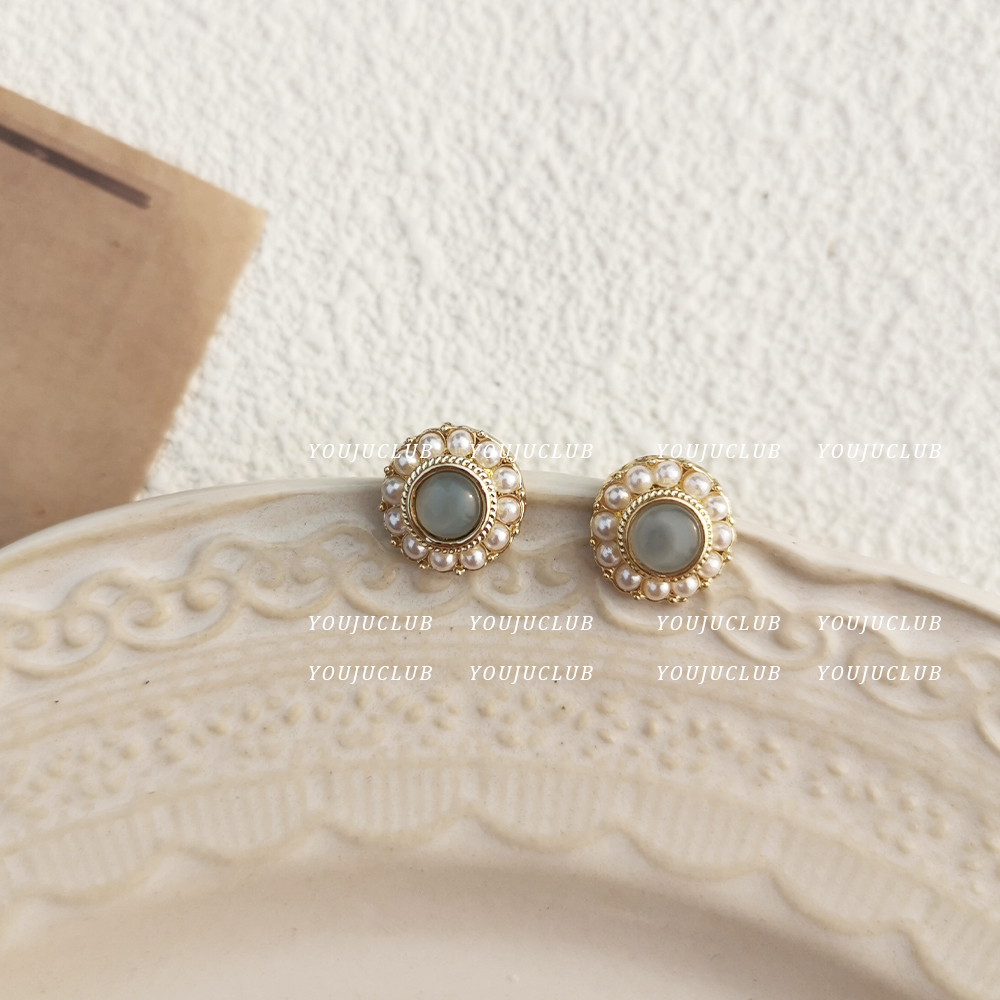 邮橘-法式复古宫廷耳环小众淡浅蓝色珍珠气质精致ins耳钉耳夹