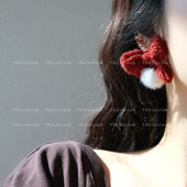 邮橘 俏皮韩妹～红色甜美毛线秋冬蝴蝶结毛球新年耳环蚊香盘耳夹