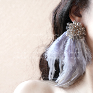 YOUJUclub-漫长岁月~夸张超仙羽毛显脸小高级感粉色长款耳环耳夹