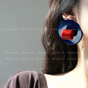 YOUJUclub-丹青点墨～复古撞色蓝色夸张圆形新中式耳环蚊香盘耳夹