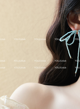 YOUJUclub-精灵仙女~甜美蝴蝶结少女夏日奶油蓝色耳环蚊香盘耳夹