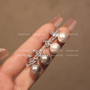 YOUJUclub 西太后土星珍珠耳钉闪钻高级感小众耳环耳夹 灰白星球