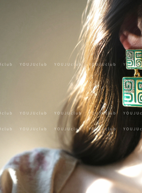 邮橘-千籁～复古国风新中式方形图腾绿色手绘高级感夸张耳环耳夹